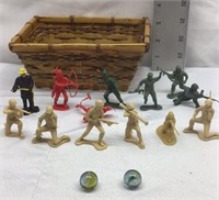 E4) SOLDIER FIGURINES, MARBLES, BASKET