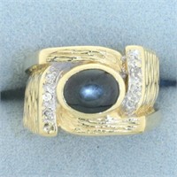 Natural Black Star Sapphire and Diamond Ring in 14