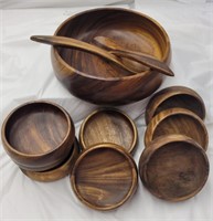 Wood salad bowl set with serving utensils and 8