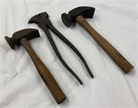 2 Cobbler Hammers & Ceased Up Fencing Pliers