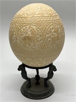 Intricately Carved Ostrich Egg on Bronze Stand