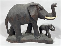 Vintage Carved Solid Wood Elephant And Baby with