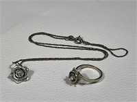 Sterling Silver Rose Themed Ring and Necklace