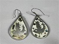 Vintage Nickel Silver Bird Earrings with Abalone