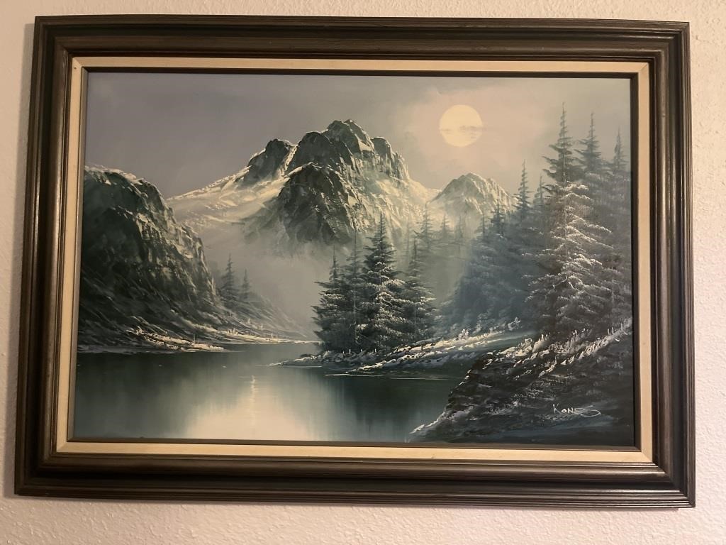 Framed Signed  Mountain Scene Oil Painting 31x43