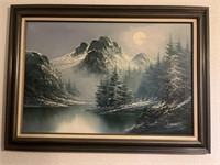 Framed Signed  Mountain Scene Oil Painting