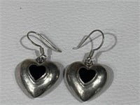 Vintage Sterling Silver Heart Earrings with Onyx