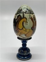 Vintage Hand Painted Winter Themed Egg On Stand