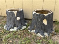 Pair of Plastic Faux Tree Trunk Planters
