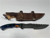 Large Damascus Steel Knife with Leather Sheath