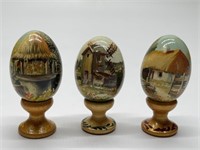 Three Wooden Hand Painted Farm Themed Eggs