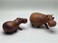 Two Vintage Wooden Hand Carved Hippos