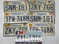 Six Vintage Virginia License Plates and Texas