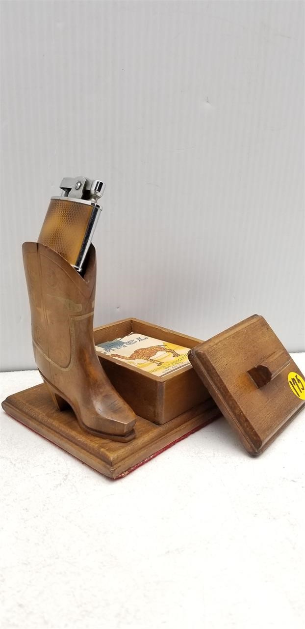 3PC WESTERN CIGARETTE/LIGHTER WOOD STAND