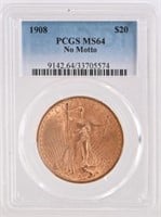 1908 Double Eagle $20 Gold Coin No Motto PCGS MS64