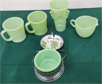 Lot of jadeite mugs, vase, pitcher, etc