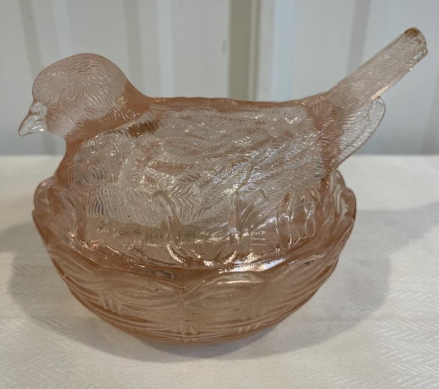 Heisey pink depression glass dove on nest