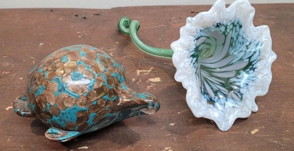 2pcs art glass - heavy sea turtle & flower