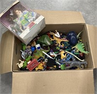 Box of misc toys & porcelain doll