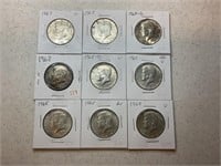 Lot of 9 Assorted date of Kennedy Half Dollars