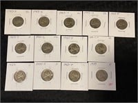 13 assorted date Jefferson Nickels - many war