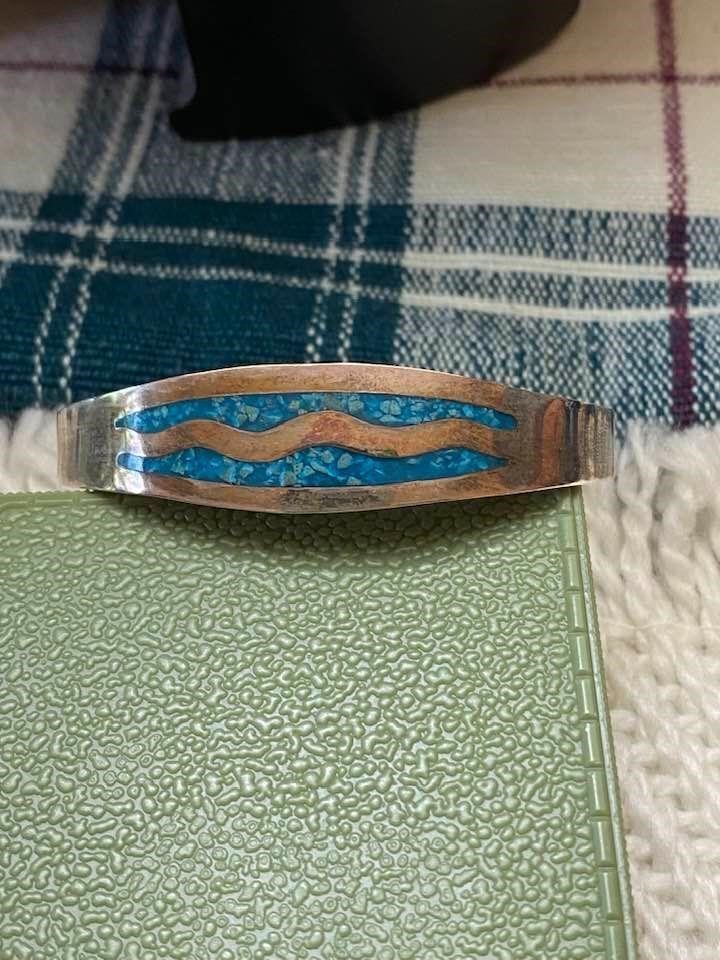 Sterling Mexico Turquoise Inlay Bangle Bracelet