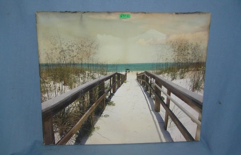 Board walk and beach scene oil on canvas painting