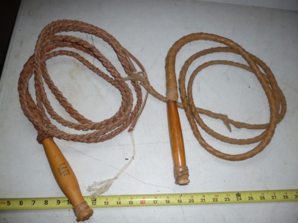 2pc Braided Leather Wood Handle Bull Whips