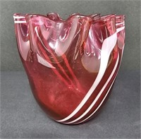 Fenton Cranberry Swirl Vase Signed