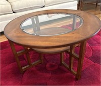 Round Wooden Coffee Table with Glass Center