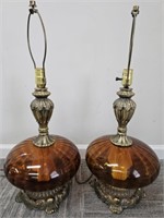 Pair of Vintage Amber Glass Lamps