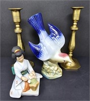 Bird Figurine with Geisha and Brass Candlesticks