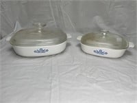 Two Corning covered casserole
