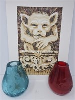 Blue and Red Asian Influenced Vases with Gargoyle