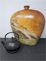 Large Pottery Vase and Cast Iron Tea Pot