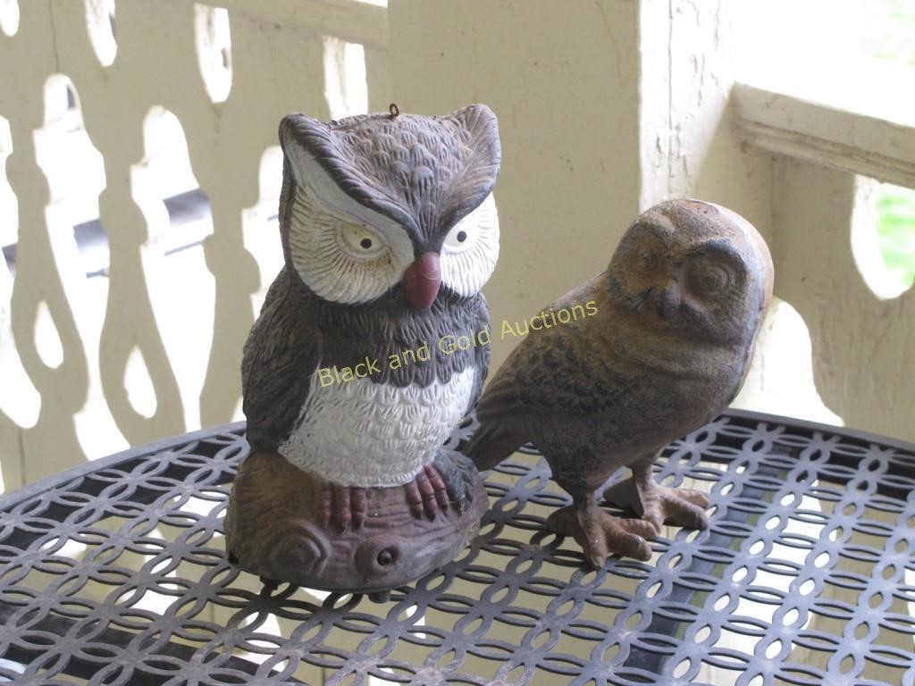Cast-Iron And Plastic Owl Figurines