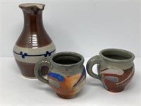 Pottery Pitcher and Signed Mugs