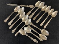 Fifteen Sterling Silver Spoons, One Sterling Knife