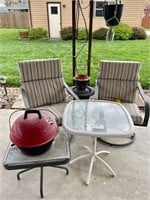 2 swivel patio chairs, planters,