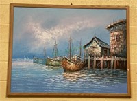 Large original painting of ships at a dock