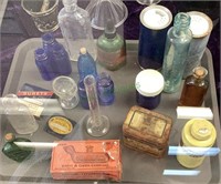 Tray lot of vintage medicine containers and