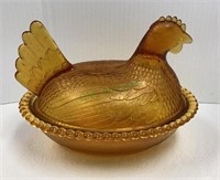 Indiana glass Amber hen on nest candy dish 7