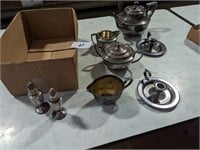 Silver Tea Pot, Candle Holders, Salt & Pepper