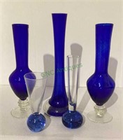 Bud vase lot includes cobalt blue. Tallest is
