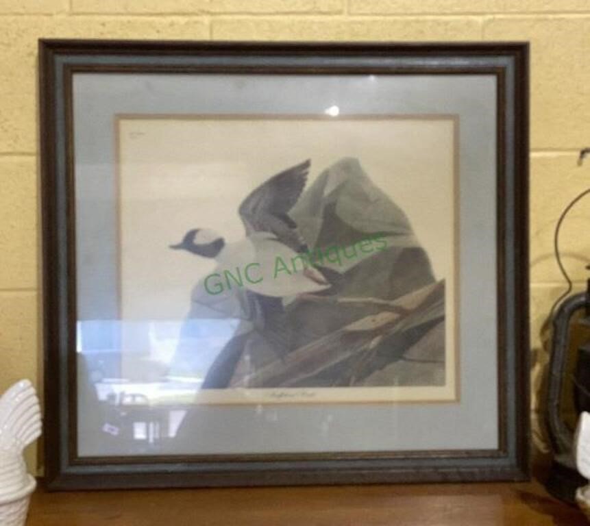 Signed and numbered print of a buffalo head duck