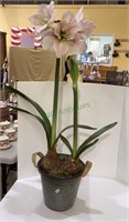 Faux blooming amaryllis flowers in a metal pot 30