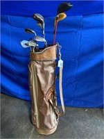 Leather golf bag with variety of woods, wedges