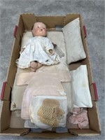 Vintage Baby Doll with Pillows, Blankets, and