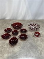 Glass Ruby Berry Bowl Dishes, and Cup, Larger