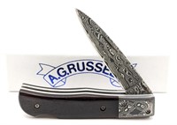 AG Russel Damascus & Ebony Lockback Knife w/ Box
